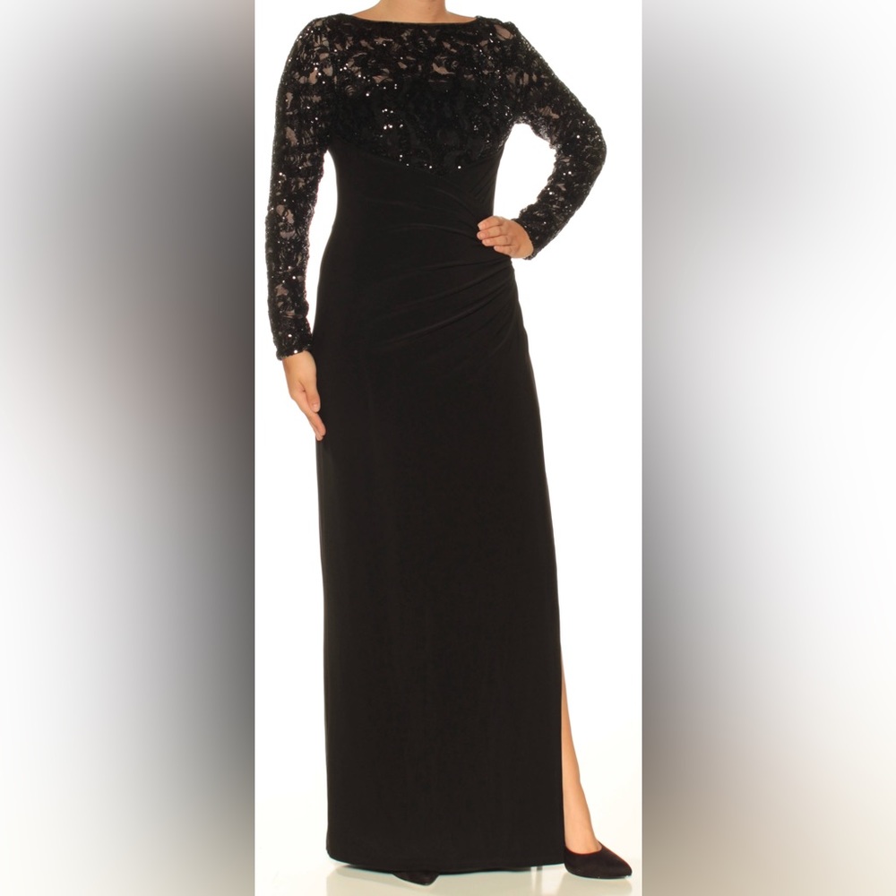 Ralph Lauren Black Sequined Long Sleeve Formal Evening Gown Dress